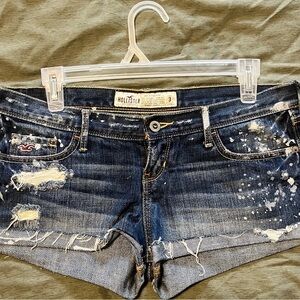 Hollister Distressed Dark Blue Denim Jean Shorts with Paint Splatter